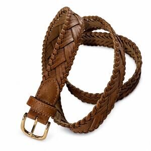 Brown Braided Leather Belt Gold Buckle Boho Western Coastal Cowgirl Adjustable